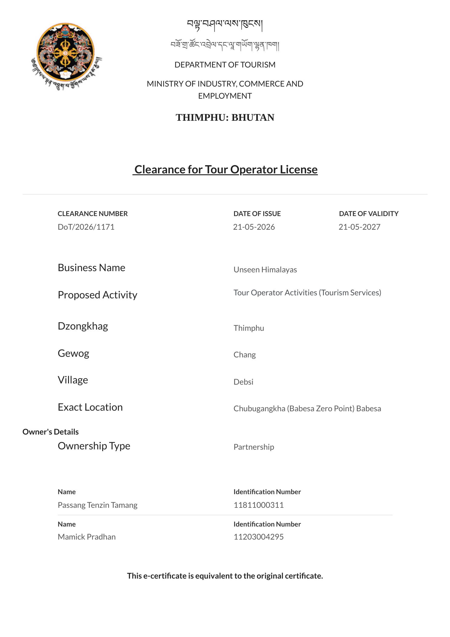 Technical Clearance certificate for Unseen Himalayas Bhutan