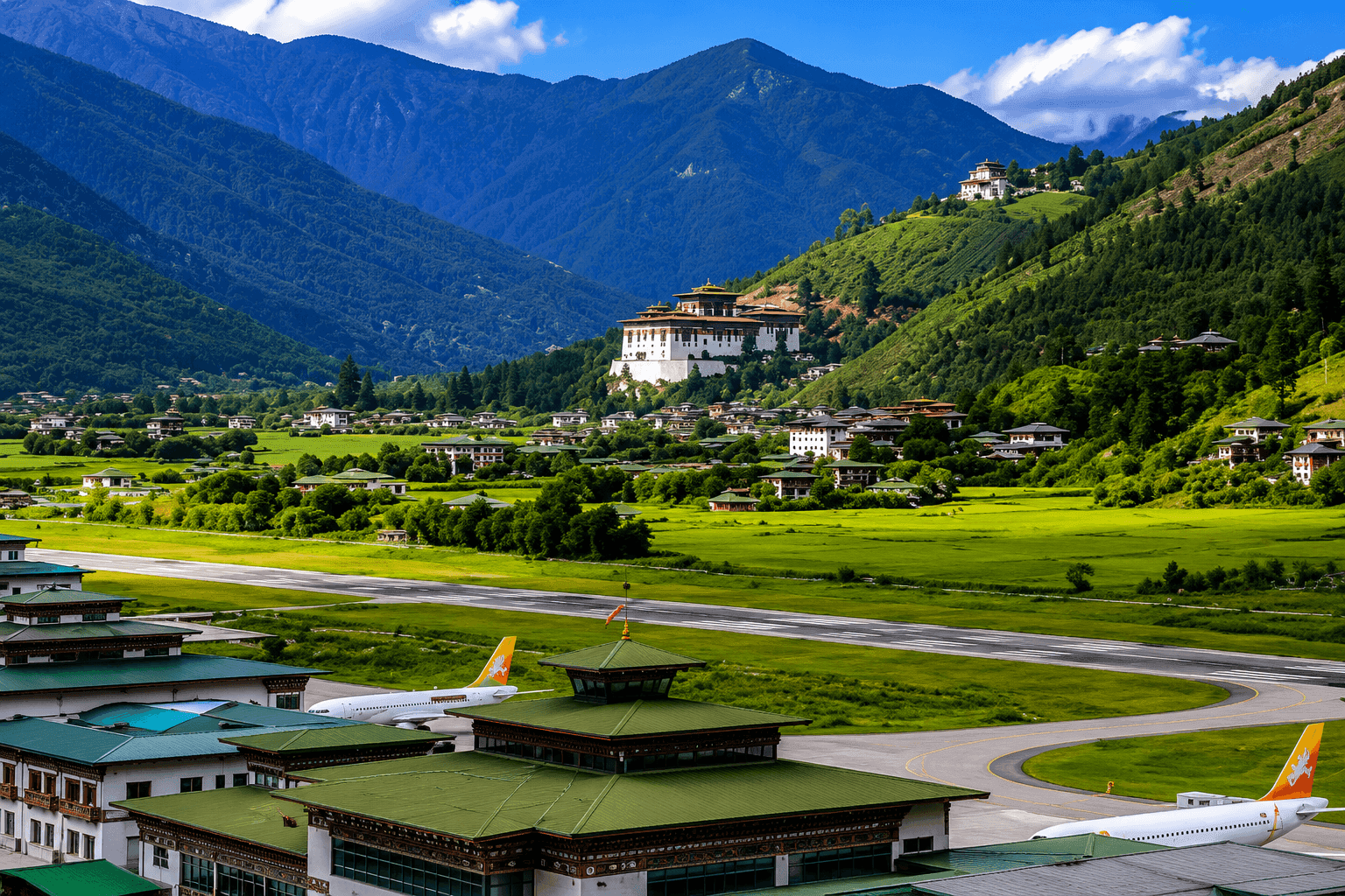 Paro airport approach for a domestic-flight festival tour